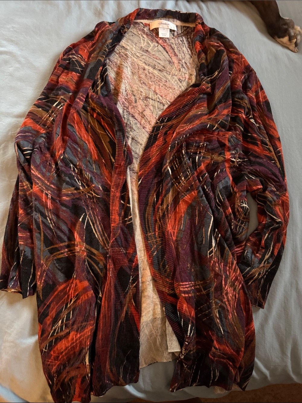 CJ Banks Multicolor Open-Front Knit Cardigan - Red, Purple, Black, Brown